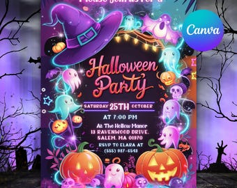 Halloween Party Invitation, Kids Halloween, Halloween Spooky Party Invite, Neon Glow Halloween, Digital Download, Editable Canva Template