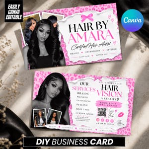May include: Two rectangular business cards featuring a pink leopard print background, black and white portraits of a person with long dark hair, and white torn-paper style text boxes with black and pink text including Hair By Amara and services.