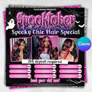 以下が含まれることがあります： 美容院のSpooktober特別プロモーションチラシ。デザインは黒い背景にピンクとシルバーのアクセントがあり、幽霊やコウモリが含まれています。チラシには、スタイリングされた髪の3人のモデルが紹介され、ウィッグの取り付けやシルクプレスなどのさまざまなサービスがリストされています。