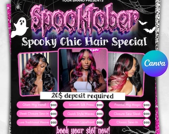 Flyer especial para cabelos em outubro, folheto com reservas disponíveis para a temporada assustadora, lista de preços para salão de cabeleireiro assustador, instalação de perucas, modelo Canva