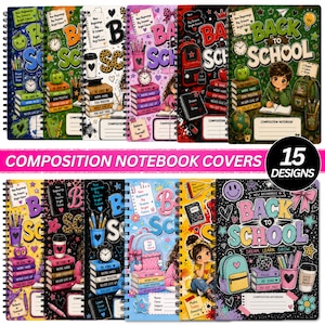 May include: A collection of fifteen spiral-bound composition notebooks featuring colorful back-to-school themed covers. Each cover displays illustrations of backpacks, stacks of books, alarm clocks, and pencils with the text Back to School.
