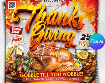 Thanksgiving-Party-Flyer, Thanksgiving-Club einladen, Friendsgiving-Dinner einladen, Feier-Flyer, Social-Media-Flyer, Canva bearbeitbar