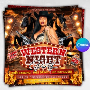 Puede incluir: Folleto promocional para una fiesta Western Night Party. El diseño presenta a una mujer con sombrero de vaquero, dos caballos y las palabras "Western Night Party" en una fuente rústica. Se incluyen detalles del evento.