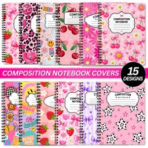 May include: A collection of fifteen spiral-bound composition notebooks featuring various pink-themed patterns including cherries, strawberries, bows, smiley faces, stars, and leopard print, each with a white label area for writing names.