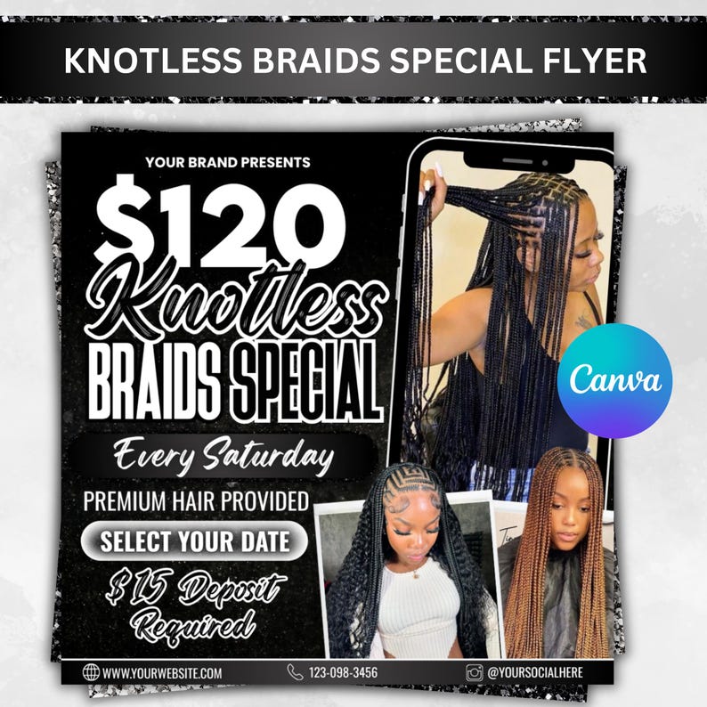 Knotless Braids Flyer, Braids Special Flyer, Braids Pricelist Flyer, Braid Special Deal flyer, Braids Bookings Flyer, Braids Flyer, Canva