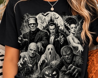 Classic Halloween Monsters PNG, Vintage Horror Characters Artwork, Dracula Ghost Werewolf Mummy Bride, Spooky Halftone Design, Horror Film