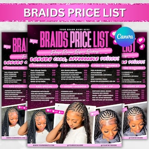 Puede incluir: Una lista de precios de trenzas en rosa y negro con varios estilos de trenzado, incluyendo Cornrow Chic, Knotless Queen y Feed-in Elegance. La lista incluye precios para diferentes servicios, como lavado de cabello, secado con secador e hidratación del cuero cabelludo. La imagen también presenta fotos de peinados trenzados.