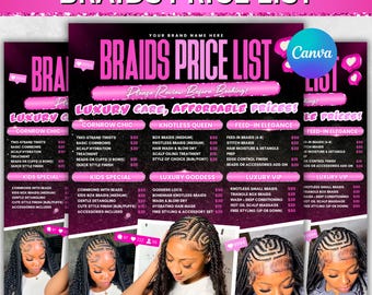 Braids Pricelist Template: Knotless Braids, Lash & Hair (Canva Editable, Digital Download)