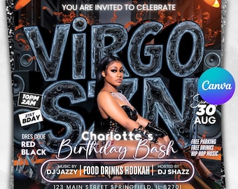 Virgo Birthday Flyer, Birthday Girl, Happy Birthday Flyer, Virgo Season, Virgo Party Flyer, Celebration Flyer, Editable Canva Template