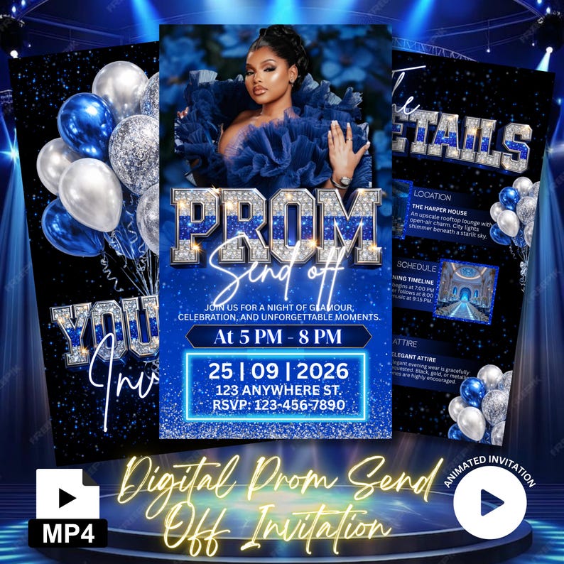 Prom Party Invitation, Digital Blue Prom Send off Invite, Animated ...