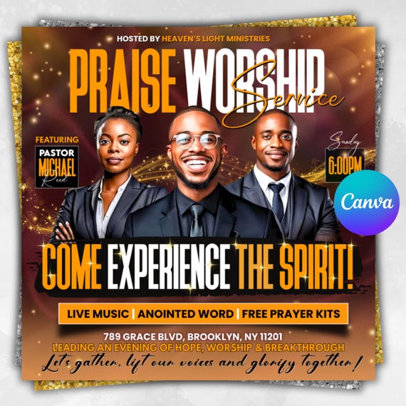 Editable Church Worship Flyer Template: Sunday Service, Gospel Event (Canva, 1080x1080 PX)