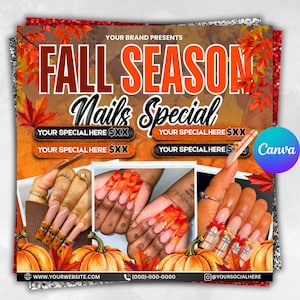 Pode incluir: Um anúncio para uma promoção especial de unhas na temporada de outono. O design apresenta o texto "FALL SEASON Nails Special" em laranja e preto. A imagem inclui fotos de unhas feitas com designs temáticos de outono, abóboras e folhas de outono.