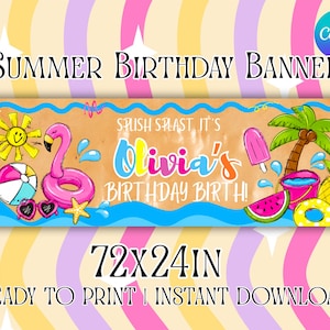 Op de afbeelding: Een rechthoekige zomerverjaardagsbanner van 72x24 inch met een beige achtergrond en blauwe golvende randen. Het toont de tekst "SPLISH SPLAST, IT'S Olivia's BIRTHDAY BIRTH!" omringd door illustraties van een zon, flamingo, strandbal, palmboom, ananas en watermeloen.