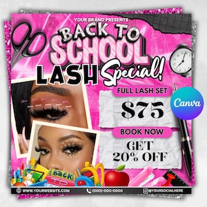 Back To School Lash Sale Flyer, Lash Tech Flyer Template, Back To School Hair Flyer, August Bookings Flyer, Canva Book Now B2S Hair Flyer