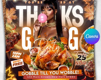 Thanksgiving-Party-Flyer, Thanksgiving-Club einladen, Friendsgiving-Dinner einladen, Feier-Flyer, Social-Media-Flyer, Canva bearbeitbar