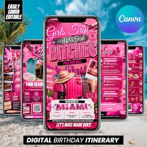 May include: A digital birthday itinerary template for a Miami girls trip displayed on multiple smartphone screens. The design features a vibrant pink color palette, tropical palm tree graphics, luggage, and text including Girls Trip, Let's Go Bitches, and Miami.