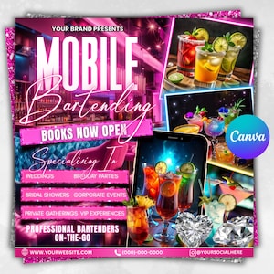 Mobile Bartending Flyer, Event Bartender Flyer, Premade Corporate Drink Service Party Flyer, Mixologist Portable Bartending, Canva Editable