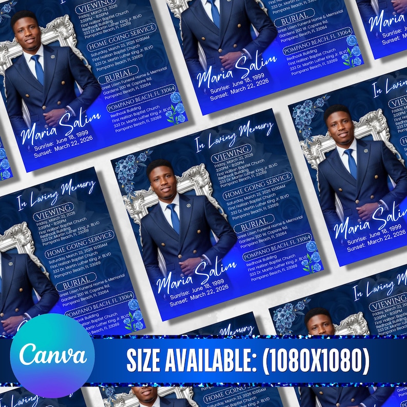Blue Rose Funeral Announcement Flyer, Memorial Instagram Celebration of Life, Canva Template, Digital Download