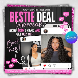 Bring a Friend Sale Flyer, Bestie Deal, Book Now Flyer, Hair Booking Flyer, Wig install flyer, Lash Booking, Makeup Braid Nail Makeup Flyer