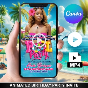 May include: Animated birthday party invitation displayed on a smartphone. The invitation features a woman with a flower in her hair, the words "Pool Party," and details for Ava Brown's 20th birthday. The Canva logo and an MP4 video icon are also visible.