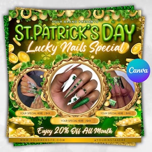 May include: St. Patrick's Day nail art special advertisement. The design features gold coins, shamrocks, and images of long, decorated nails. The text includes "Lucky Nails Special" and "Enjoy 20% Off All Month."