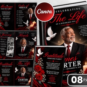 Może przedstawiać: Szablon programu pogrzebowego z czarnym tłem, czerwonymi różami, białymi gołębiami i świecami. Tekst brzmi Celebrating The Life of a Remarkable Man, James Carter oraz Gratitude From Our Family. Zawiera projekt układu na 8 stron.