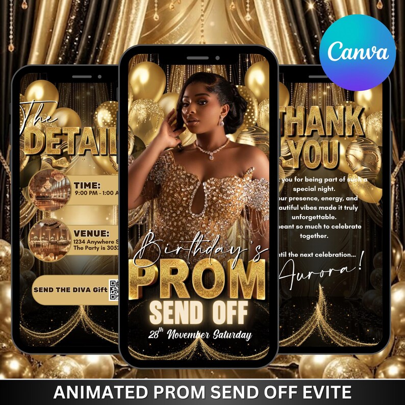 Gold Prom Send off Flyer Template, Editable Canva Invitation, Glam Prom ...