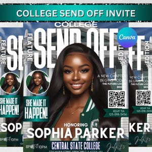 Editable College Send Off Evite, Farewell Party Invite, DIY Trunk Party Flyer, Green Magazine Cover, Goodbye Graduation Celebration