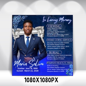 Blue Rose Funeral Announcement Flyer, Memorial Instagram Celebration of Life, Canva Template, Digital Download