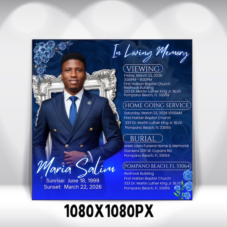Blue Rose Funeral Announcement Flyer, Memorial Instagram Celebration of Life, Canva Template, Digital Download