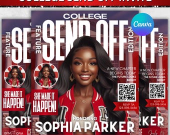 May include: A college send-off invitation featuring a portrait of a smiling woman in a red jacket. The invitation includes text such as "College Send Off," "Sophia Parker," and "Central State College." The design incorporates red, white, and black elements.