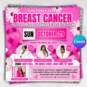 Op de afbeelding: Roze flyer voor een borstkanker bewustwordingsmaand viering. Bevat de tekst "BREAST CANCER" in grote roze letters, met evenementdetails, de datum, 29 oktober, en locatie: Unity Hall, New York.