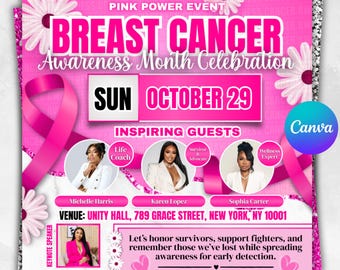 Volantino per la sensibilizzazione sul cancro al seno, volantino per l'evento rosa sul cancro al seno, volantino modificabile per la raccolta fondi Pinktober, volantino per l'evento di beneficenza Stronger Than Cancer