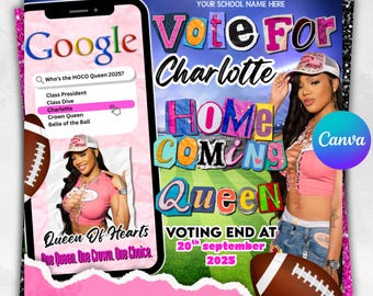 Könnte beinhalten: Ein pinkfarbener und blauer Flyer für eine Homecoming-Queen-Kampagne mit dem Text "Vote For Charlotte" und "Homecoming Queen". Das Design enthält ein Foto einer Frau, einen Football und eine Google-Suchleiste. Die Abstimmung endet am 20. September 2025.