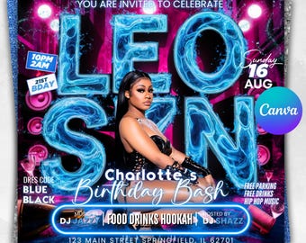 Leo Season Birthday Flyer, Leo Birthday Flyer, Birthday Girl Flyer, Birthday Event Celebration Flyer, Birthday Party Invite Canva Template