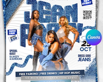 Flyer för jeansfest, flygblad för vuxen DJ, nattklubbsfest, flygblad för mega-DJ-musikevenemang, redigerbar Canva-mall för lördagsfest, flygblad för klubbfest