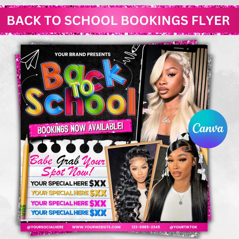 Back To School Booking Flyer, Back to school sale flyer, Back to school hair flyer, Braid Flyer, MUA Nails Lash Braids Hair, Canva Editable