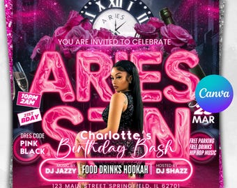 Aries Birthday Flyer, Birthday Flyer Templates, Girl Birthday Party Flyer, Celebration Flyer, Zodiac Birthday Event Flyer Invitation