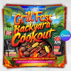 Backyard Cookout Flyer, BBQ Flyer, Summer Cookout Flyer, DIY Canva Editable Design Template, Food Flyer, Social Media Flyer, Party Flyer
