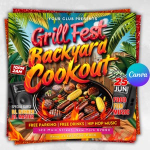 Backyard Cookout Flyer, BBQ Flyer, Summer Cookout Flyer, DIY Canva Editable Design Template, Food Flyer, Social Media Flyer, Party Flyer