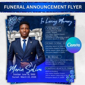 Blue Rose Funeral Announcement Flyer, Memorial Instagram Celebration of Life, Canva Template, Digital Download