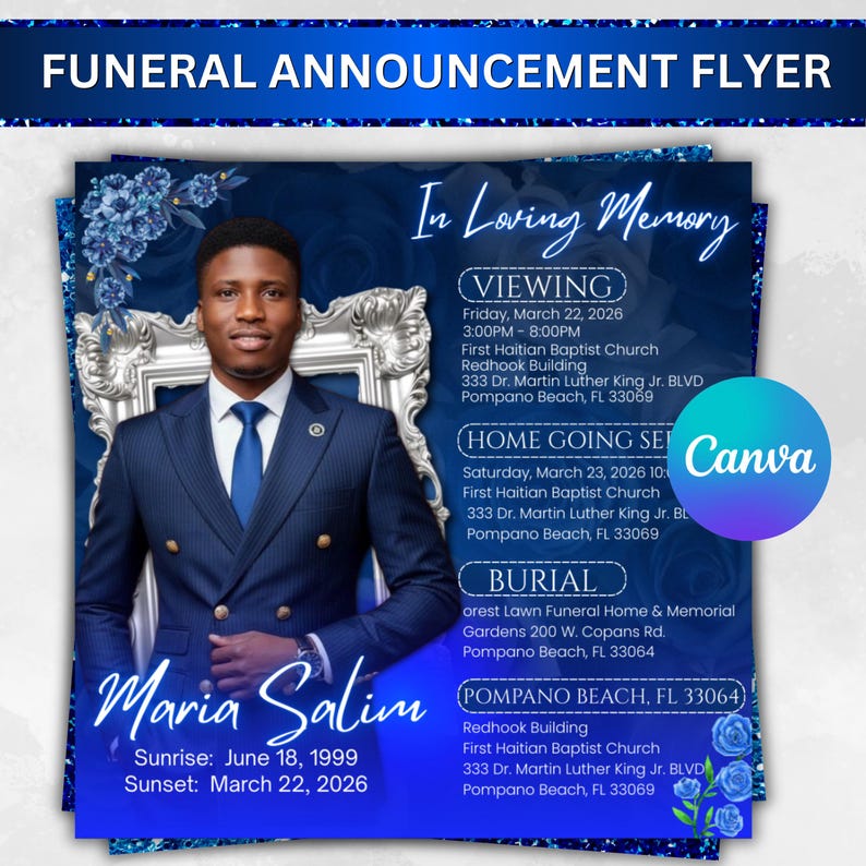 Blue Rose Funeral Announcement Flyer, Memorial Instagram Celebration of Life, Canva Template, Digital Download