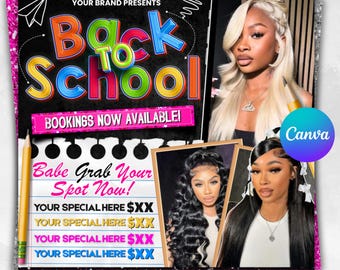 Back To School Booking Flyer, Back to school sale flyer, Back to school hair flyer, Braid Flyer, MUA Nails Lash Braids Hair, Canva Editable