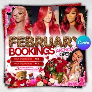 May include: A promotional graphic with three women with vibrant hair colors. The text "FEBRUARY BOOKINGS ARE NOW OPEN" is displayed. The graphic includes roses, a teddy bear, and a perfume bottle.