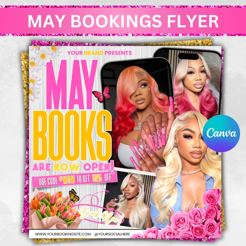 May Booking Flyer Template, Now Booking Beauty Flyer, May Appointments Open, Hair Nails Lashes Makeup Flyer, DIY Text, Instant Download