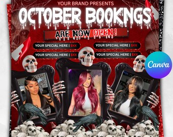 Oktober-Buchungsflyer, Halloween-Buchungsflyer: Haare, Nägel, Wimpern, MUA, Social Media-Vorlage (DIY Canva bearbeitbar)