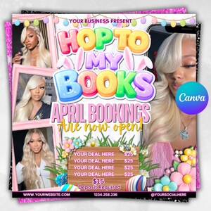 May include: A promotional graphic with the text "Hop to My Books" and "April Bookings are now open!" in colorful bubble letters. The image includes photos of a woman with blonde hair, Easter eggs, and floral decorations. The Canva logo is visible.