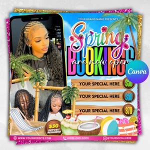 May include: A colorful flyer advertising spring bookings with a tropical theme. The flyer features a woman with braids, palm trees, coconuts, and a beach scene. The text on the flyer reads "Spring Bookings are now open" and includes prices for different services. The flyer also includes a website address, phone number, and social media handle.