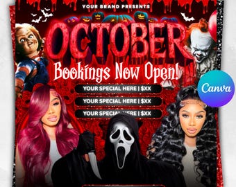 October Booking Flyer, October Books Open, Halloween Hair Flyer, Spooky SZN Flyer, October Hair Flyer, Nails MUA Lash Locs Wig, DIY Canva