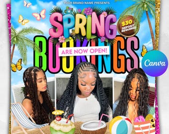 Prospectus de réservation pour les vacances de printemps, Prospectus de réservation de printemps, Prospectus de promotions pour les vacances de printemps, Prospectus spécial printemps, Tresses de maquillage pour les ongles et les cils, Toile modifiable